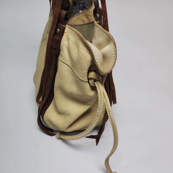 Lucky Brand Leather Purse Double Handle Brown Yellow Tote Hobo Boho Shoulder Bag - Picture 5 of 16